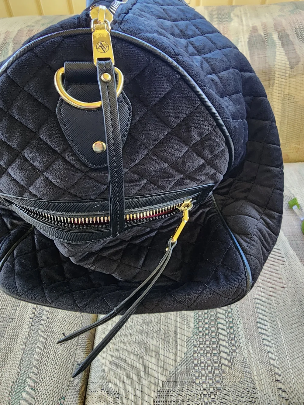 Adrienne Vittadini Quilted Velvet Black Overnight Luggage Bag